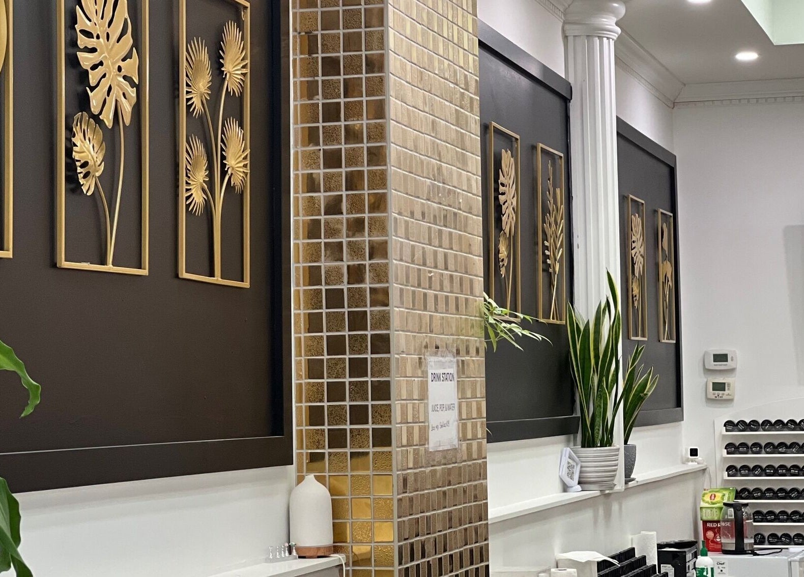 Stylish decor and plants in Nails For You Dundas, Toronto, Ontario, CA, showcasing elegant wall art.