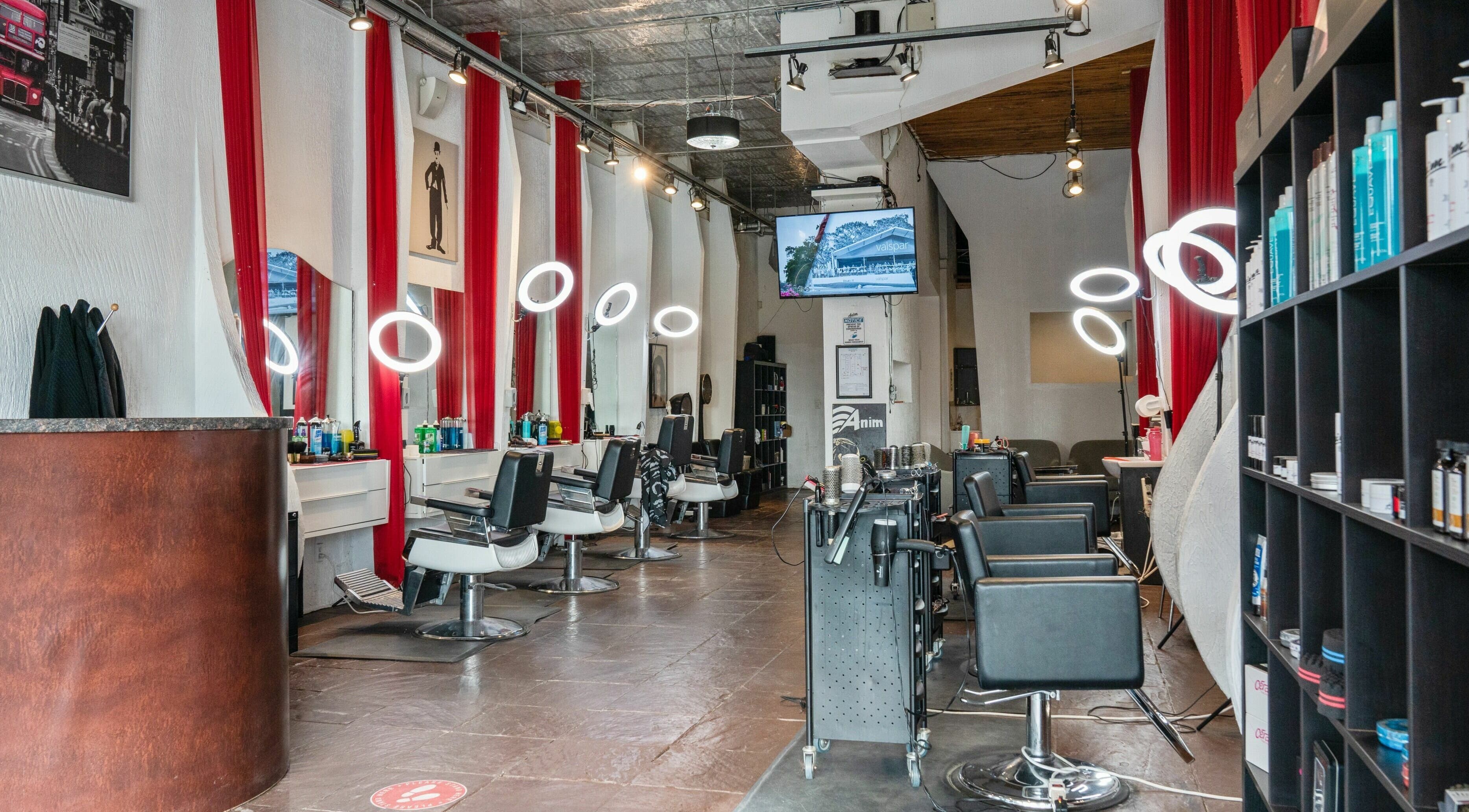 Anim Hair salon interior featuring modern chairs and lighting in New Westminster, British Columbia, CA.