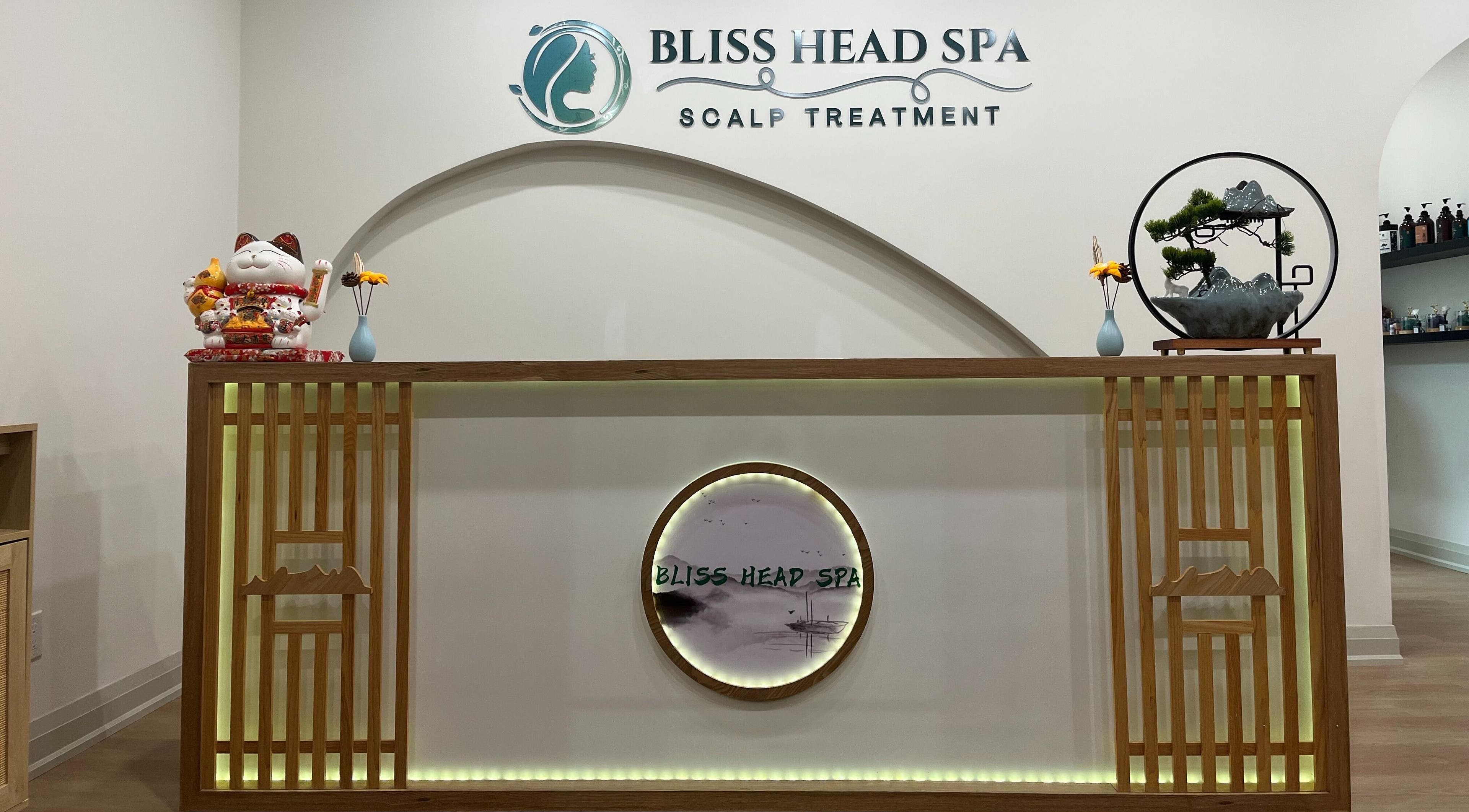 Reception area of Bliss Head Spa in Mississauga, Ontario, CA, featuring elegant decor and welcoming ambiance.