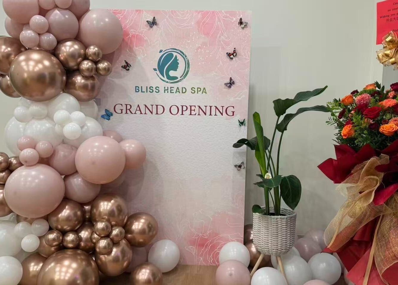 Bliss Head Spa grand opening with balloons and flowers, Mississauga, Ontario, CA.