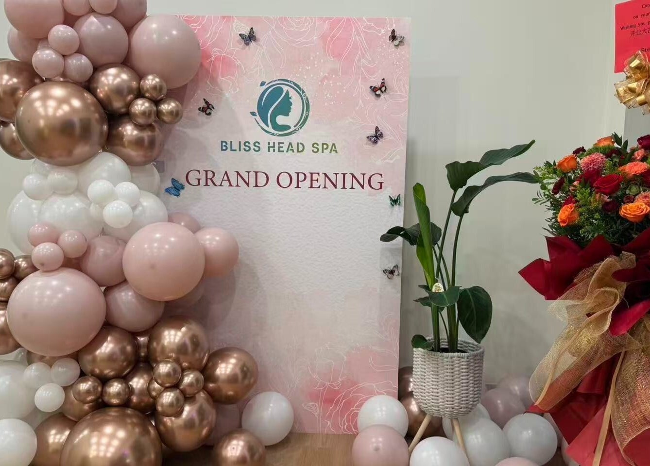 Bliss Head Spa grand opening with balloons and flowers, Mississauga, Ontario, CA.