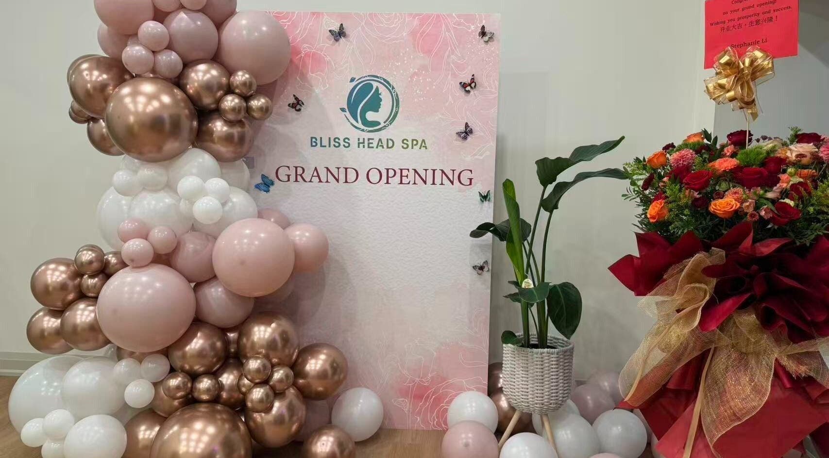 Bliss Head Spa grand opening with balloons and flowers, Mississauga, Ontario, CA.