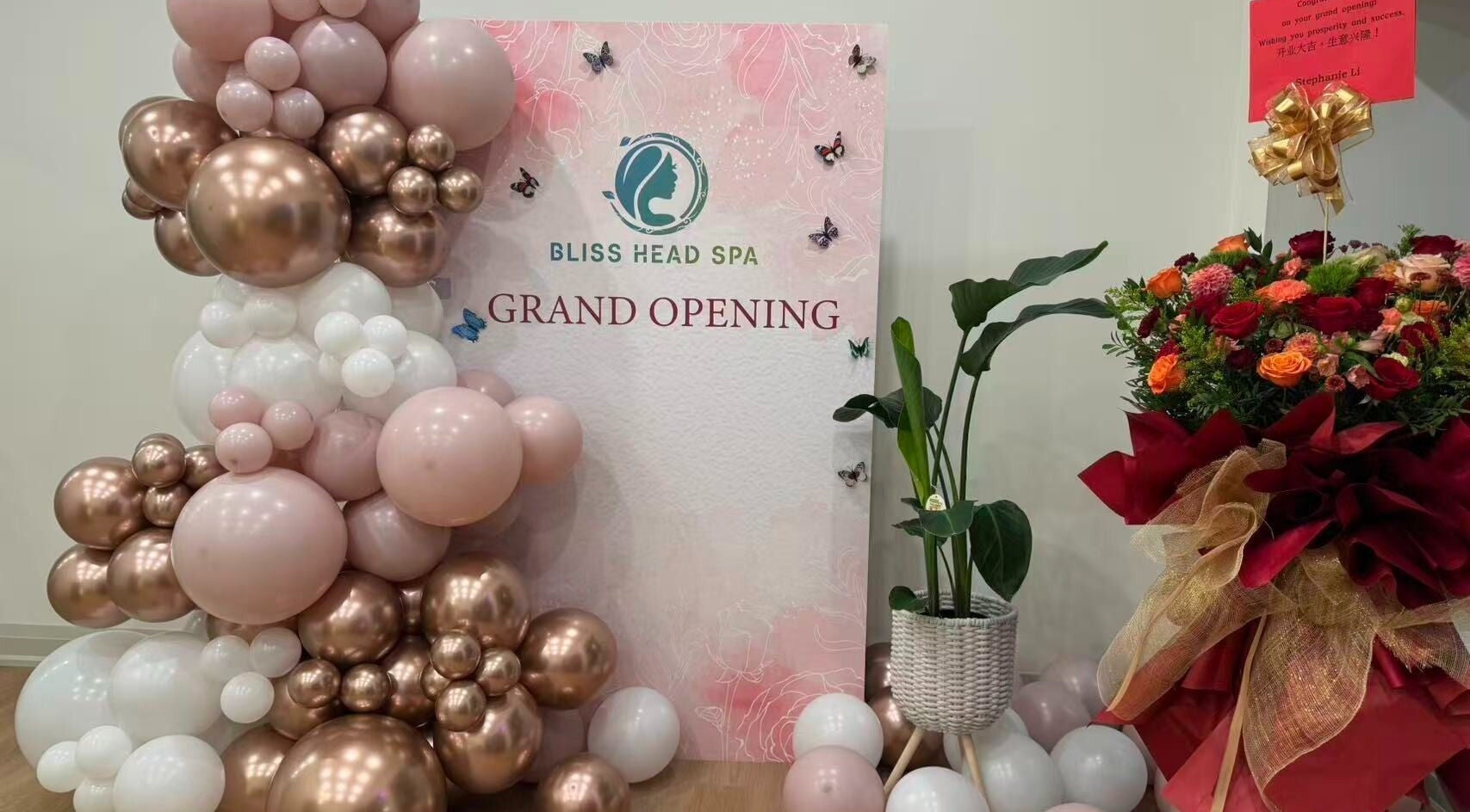 Bliss Head Spa grand opening with balloons and flowers, Mississauga, Ontario, CA.