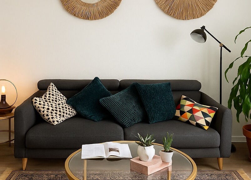 Cozy bohemian lounge at Bien-être Boho Plateau, Montréal, Québec, CA, featuring a stylish sofa and decor.