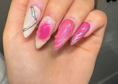 Intricate pink nail art with silver accents by Nails by Emily, Camberley, England, GB.