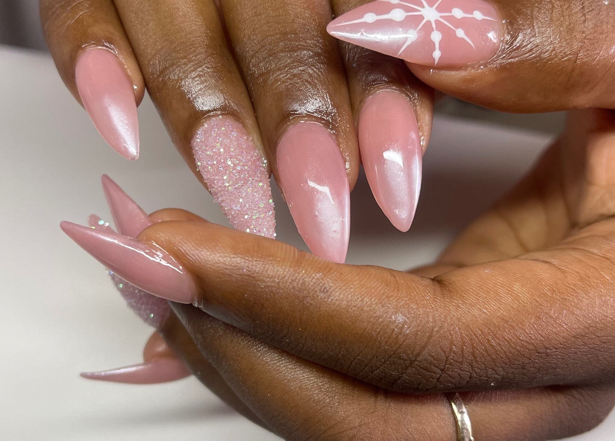 Elegant pink stiletto nails at Push in Kingstown, St. George, VC.