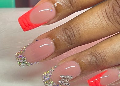 Elegant nail art with rhinestones at Push, Kingstown, St. George, VC.
