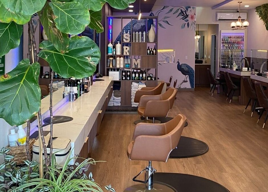 Interior elegante de Elan86 en Tijuana, Baja California, MX, con sillas modernas y exuberante vegetación.