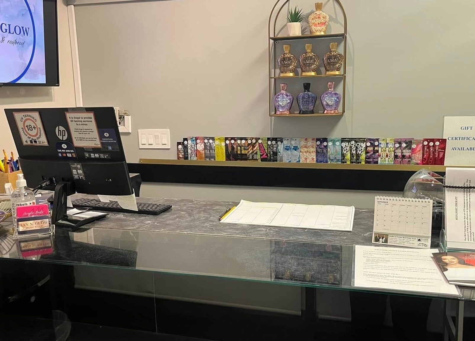 Tan n'Glow reception area showcasing products in Medicine Hat, Alberta, CA.