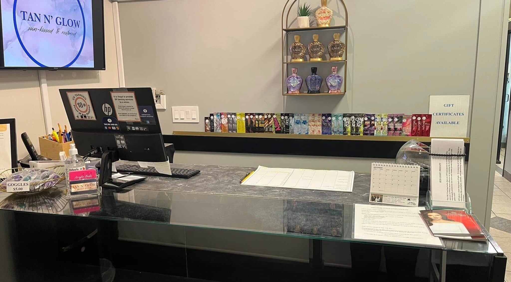 Tan n'Glow reception area showcasing products in Medicine Hat, Alberta, CA.
