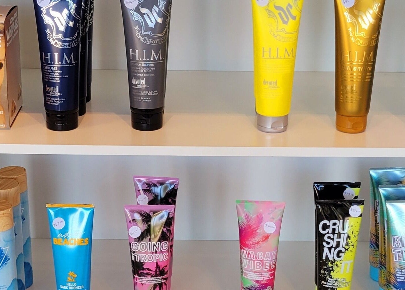 Wide range of tanning lotions on display at Tan n'Glow, Medicine Hat, Alberta, CA.