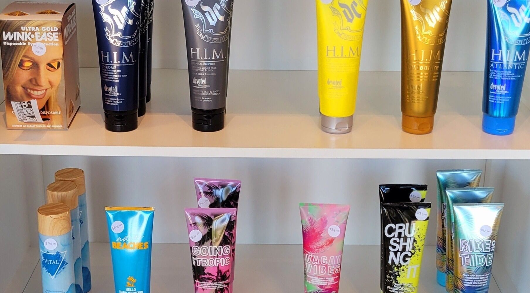 Wide range of tanning lotions on display at Tan n'Glow, Medicine Hat, Alberta, CA.