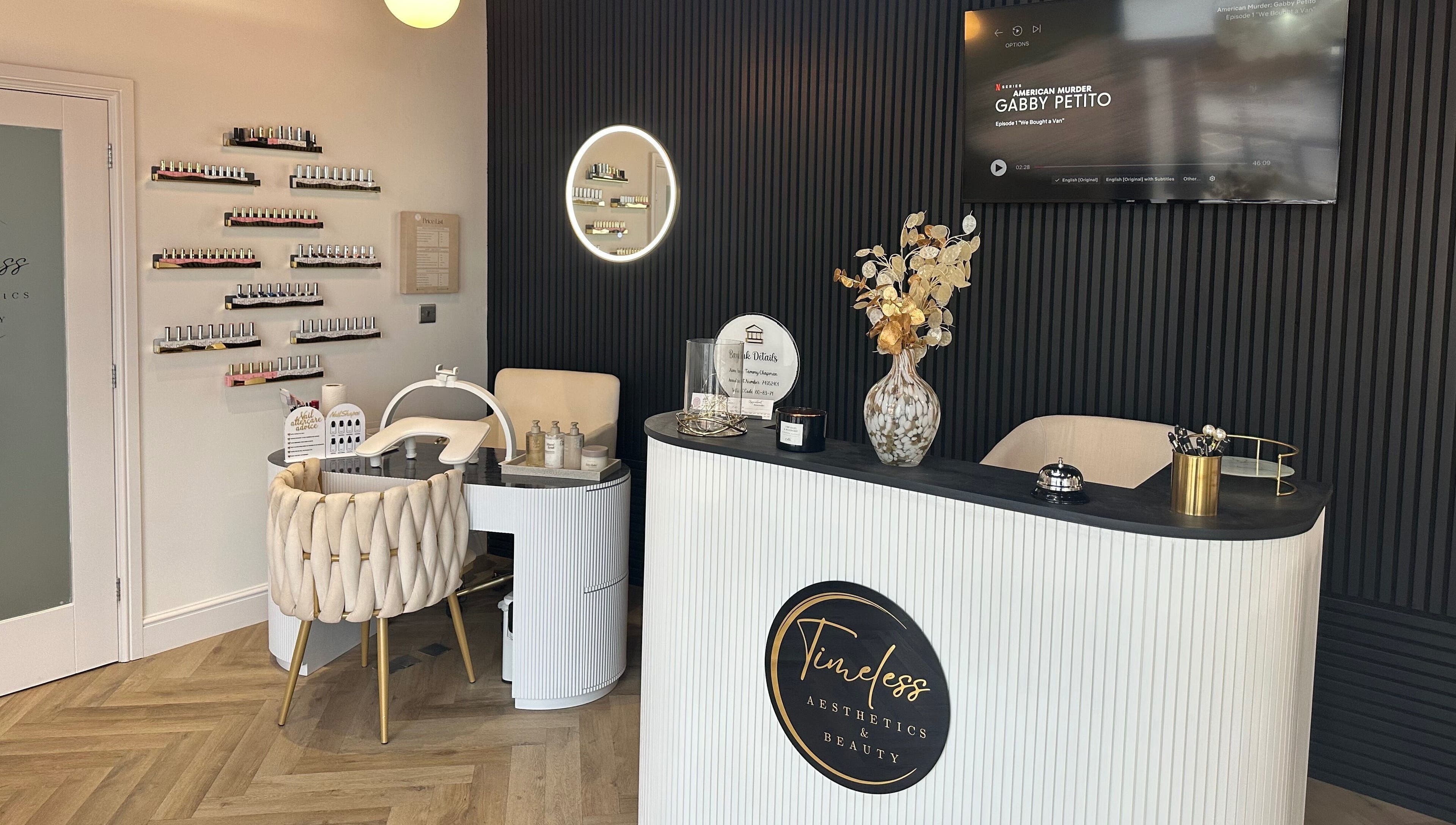 Timeless Aesthetics & Beauty in Lincoln, England, GB showcasing elegant reception and nail polish display.