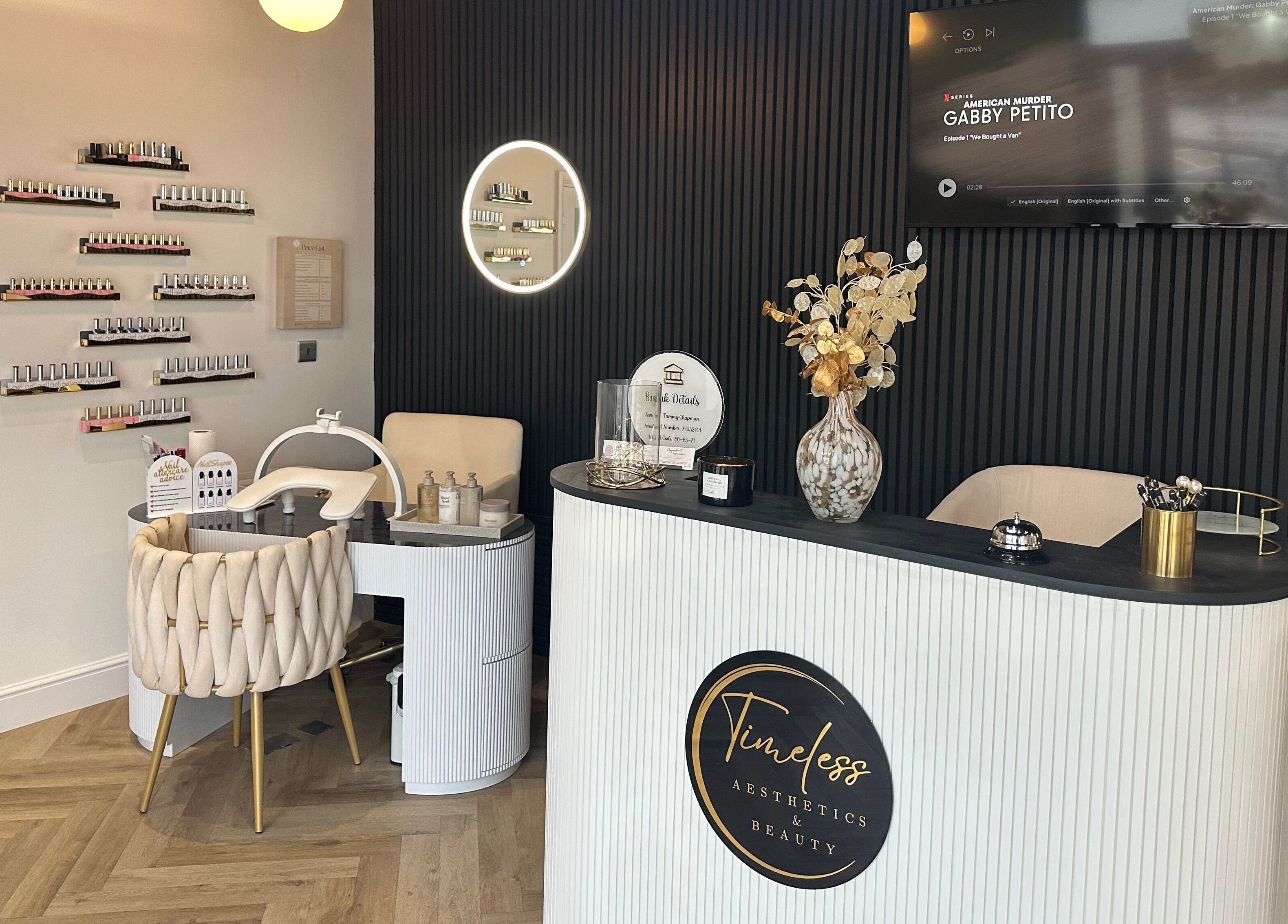 Timeless Aesthetics & Beauty in Lincoln, England, GB showcasing elegant reception and nail polish display.