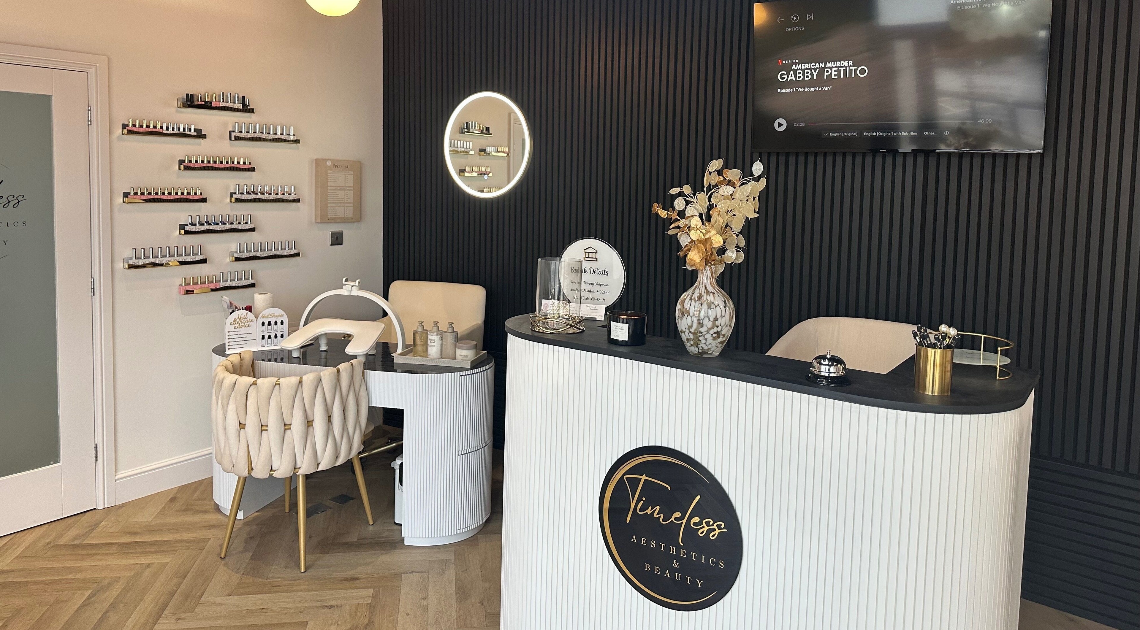 Timeless Aesthetics & Beauty in Lincoln, England, GB showcasing elegant reception and nail polish display.