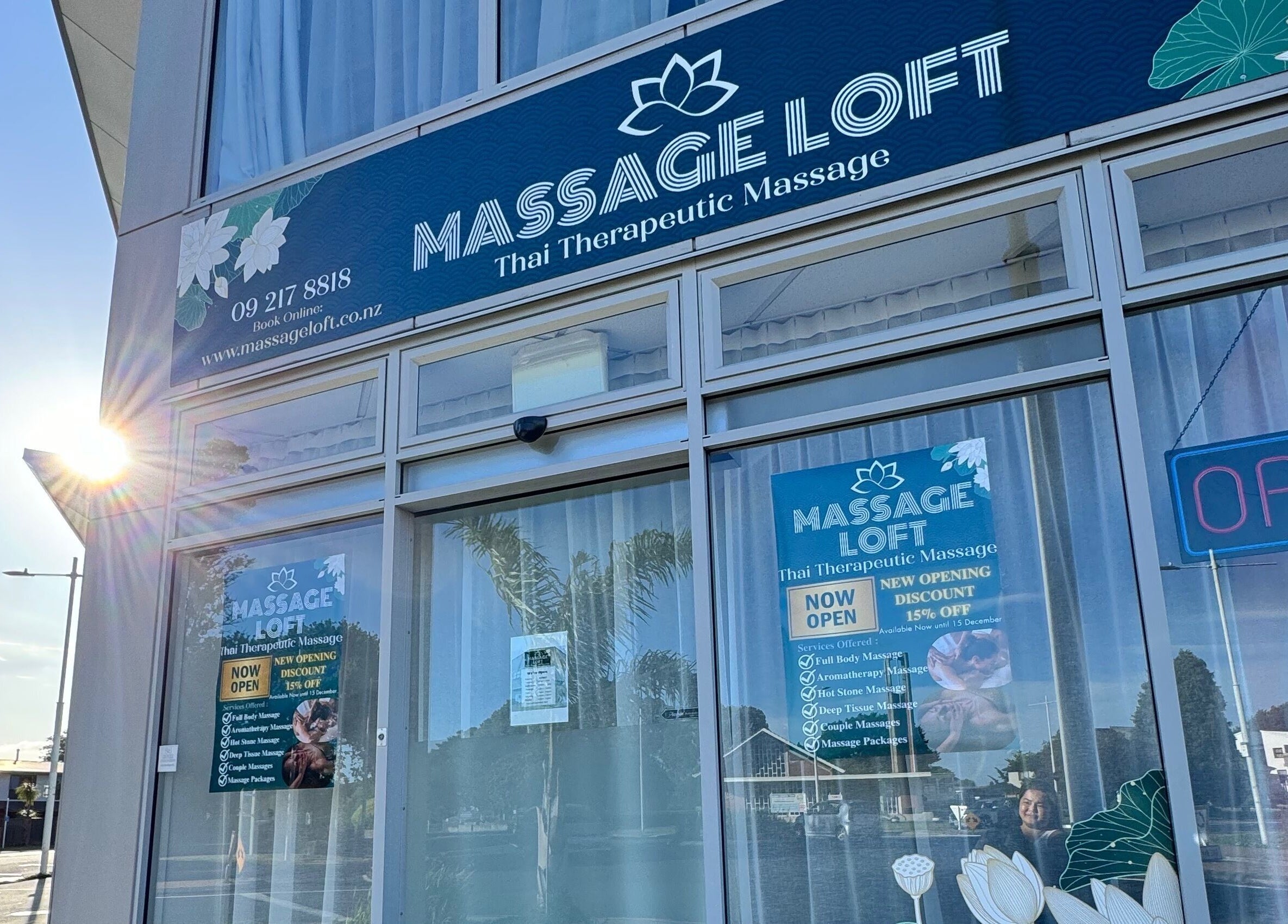 Front view of Massage Loft (Pukekohe) in Pukekohe, Auckland, NZ with morning sun shining.