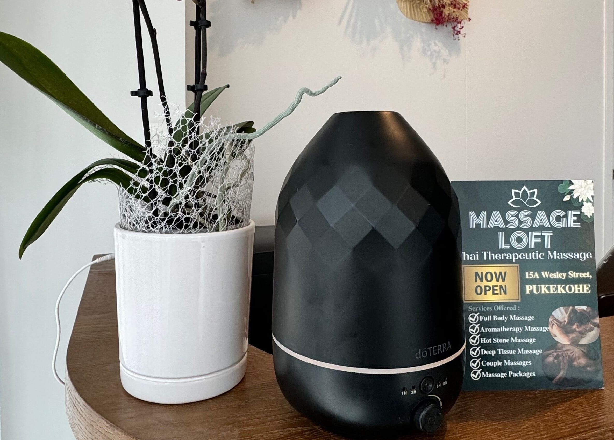Elegant black diffuser and potted plant at Massage Loft (Pukekohe), Pukekohe, Auckland, NZ.