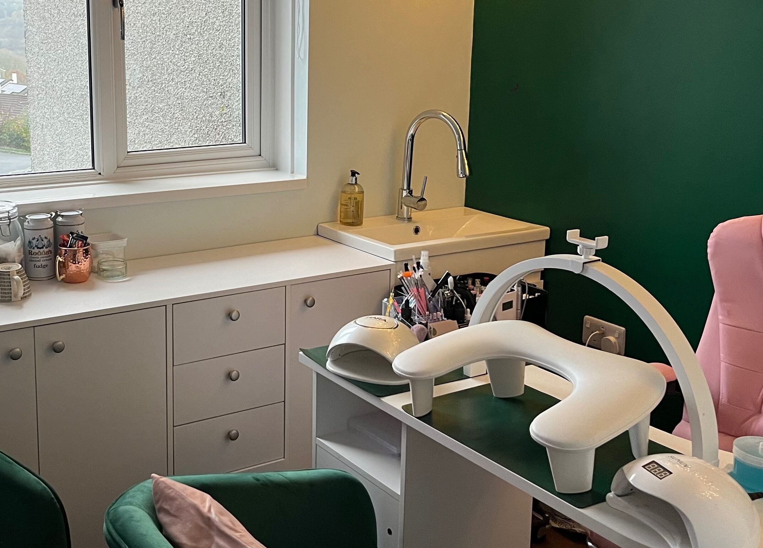 Bright, modern manicure station at Mia's Manicures, Helston, England, GB with comfortable seating.