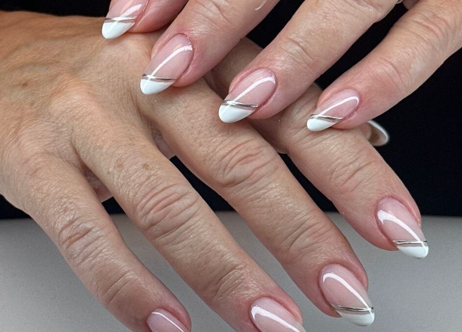 Chic white and silver nail art at BON ME LOUNGE, carrigtohill, County Cork, IE showcasing stylish manicure.