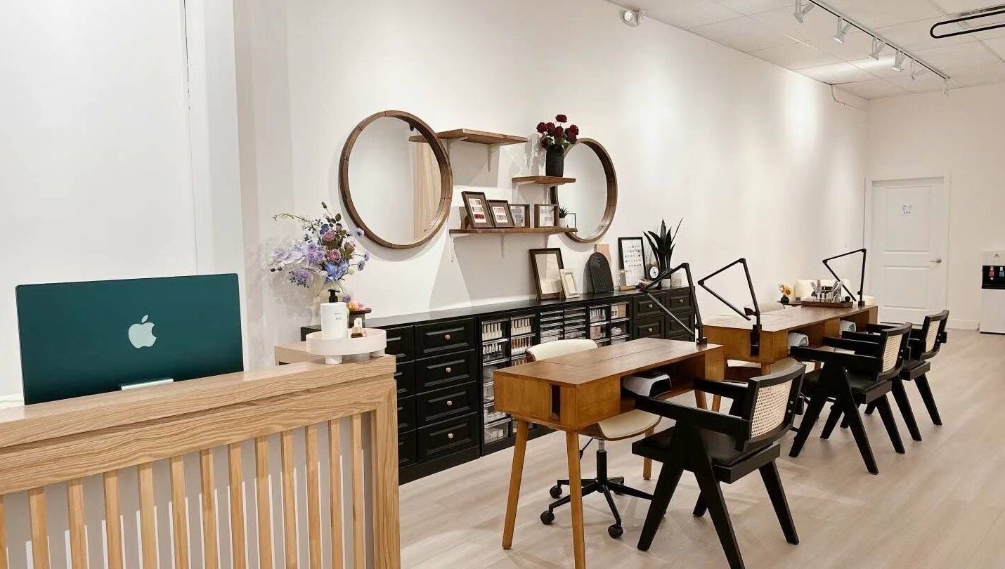 Modern manicure stations at Lunaria, Richmond, British Columbia, CA, showcasing sleek design and chic decor.