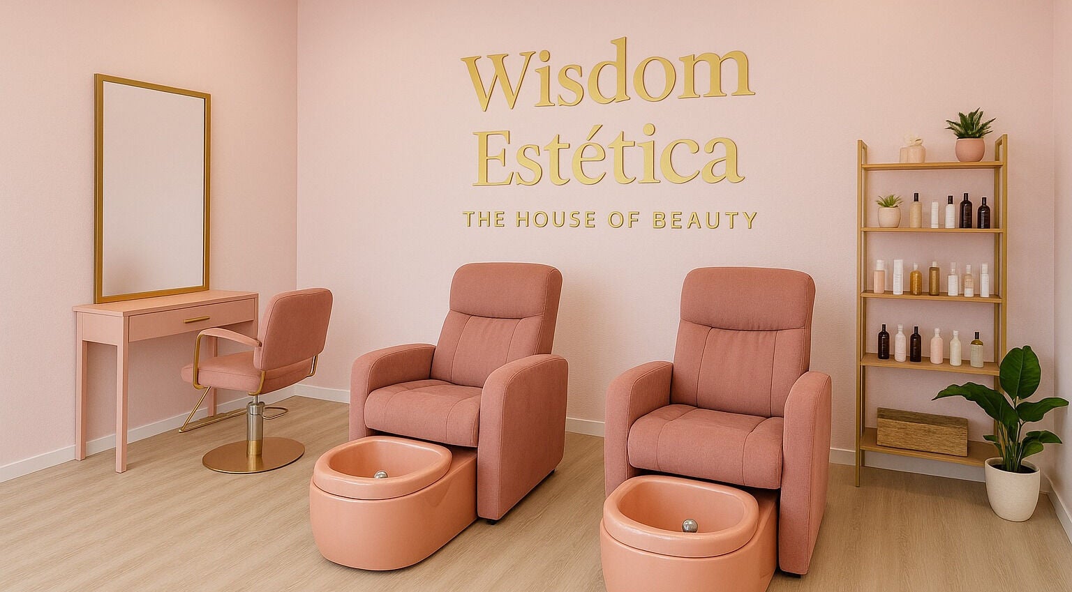 Chic interior of Wisdom Estética- Locs & Spa in Caledonia, Ontario, CA with plush pink chairs and beauty products.