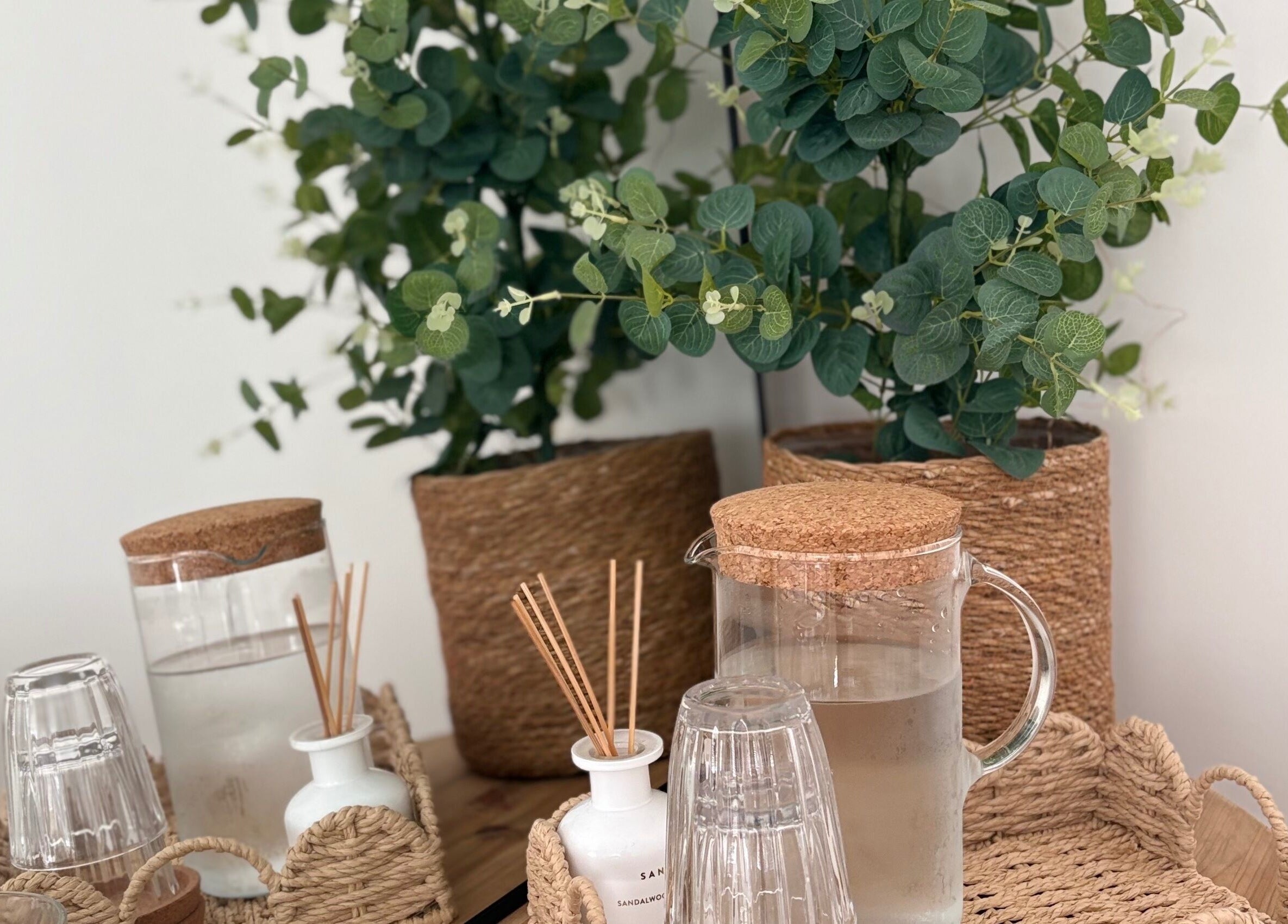 Serene refreshment setup at Beauty Hub, Peterborough, England, GB. Features plants, water pitcher, and reed diffuser.