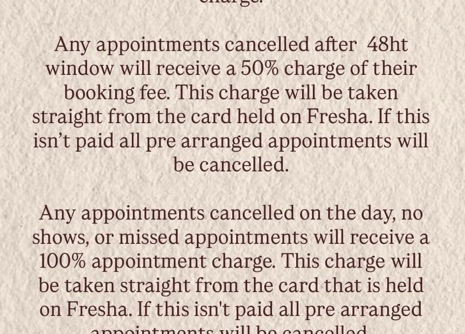 Cancellation policy details at Hair by Ken in Aylesford, England, GB, regarding appointment charges.