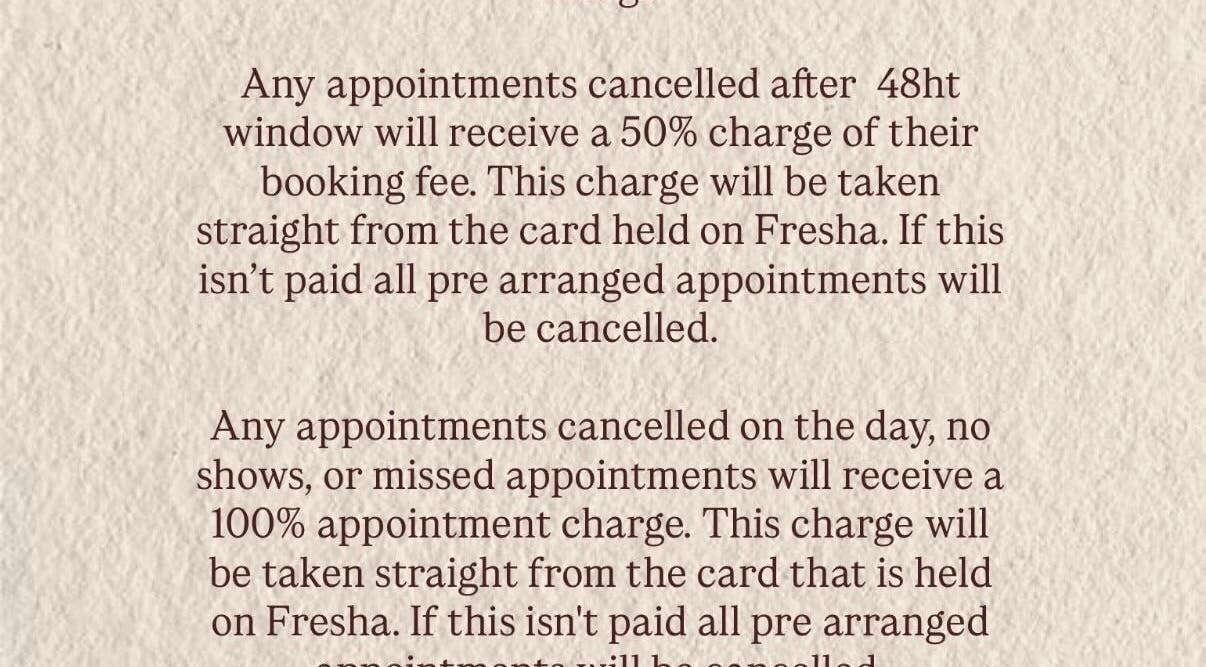 Cancellation policy details at Hair by Ken in Aylesford, England, GB, regarding appointment charges.