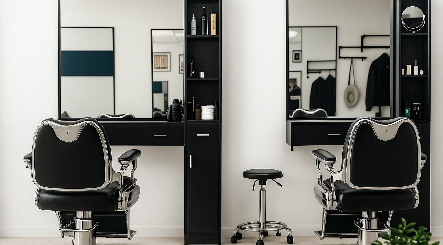 Moderne kapsalonstoelen bij Bibi's Salon Amsterdam, Amsterdam, Noord-Holland, NL, bieden luxe en comfort.