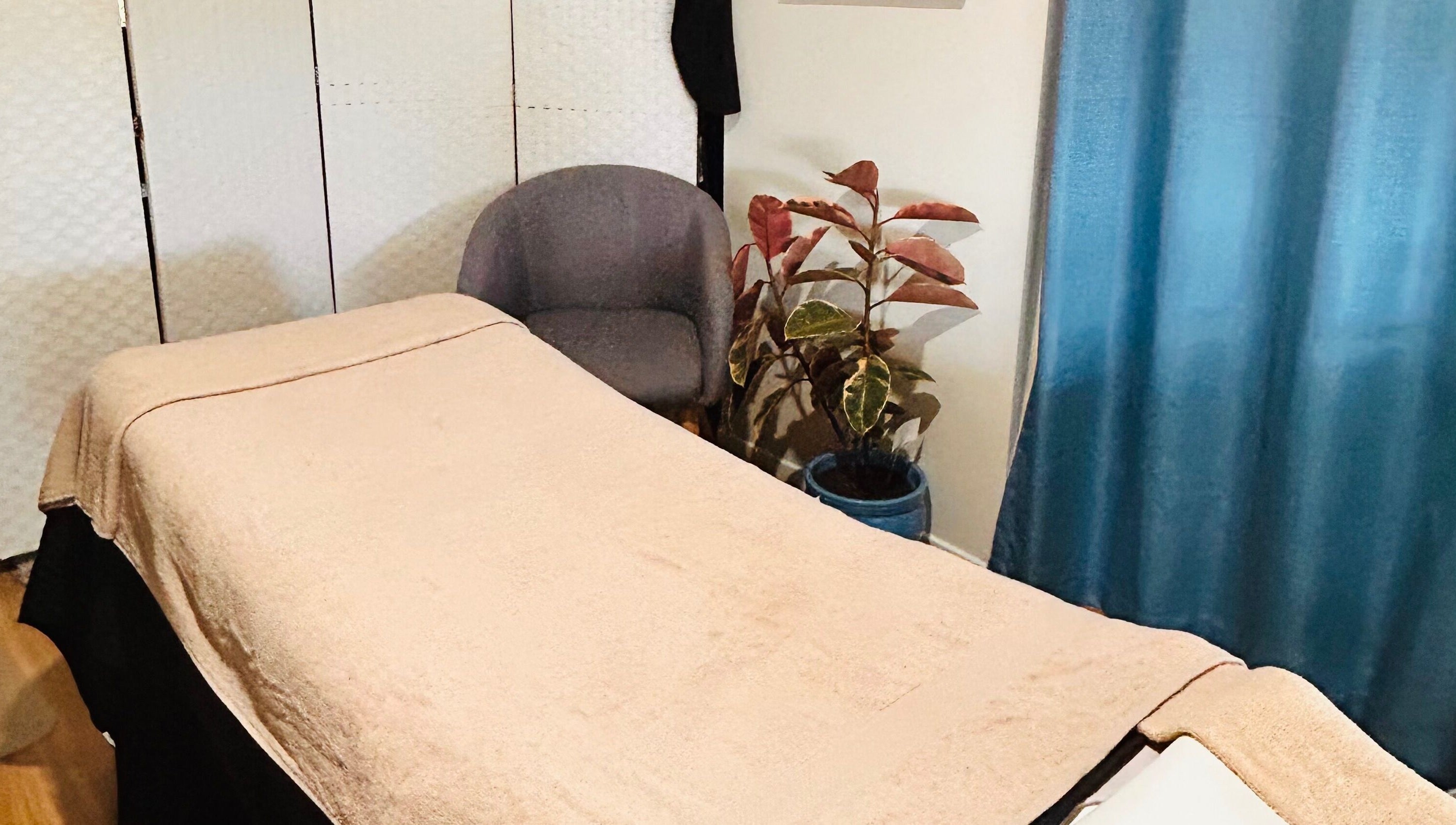 Relaxing massage room at Wild Soul Connection in Hillcrest, Queensland, AU, featuring cozy decor and plant accents.