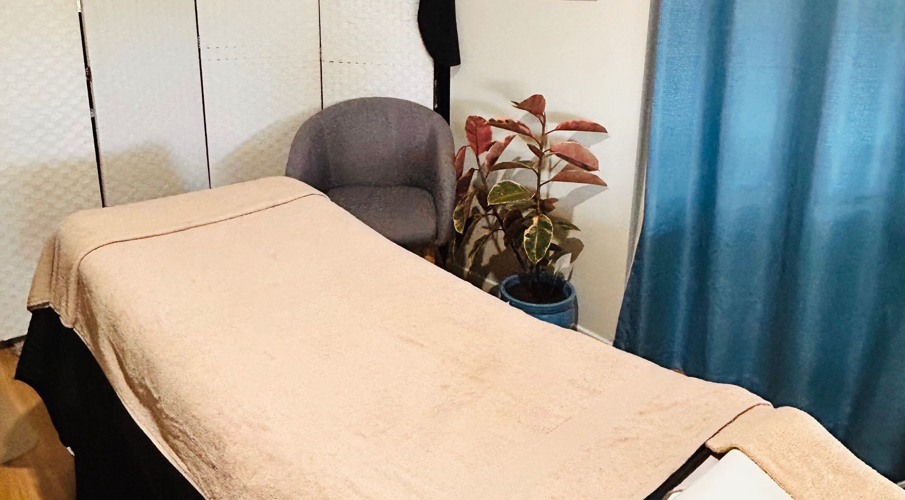 Relaxing massage room at Wild Soul Connection in Hillcrest, Queensland, AU, featuring cozy decor and plant accents.