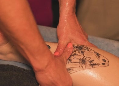 Relaxing leg massage at A Blissful Balance, Wellesbourne, England, GB enhancing wellness and tranquility.