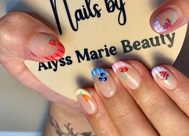Colorful fruit nail designs at Alyss Marie Beauty, Wombwell, England, GB, showcasing creative nail art.