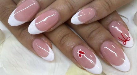 French manicure with heart art at Diamond Nails (Perth CBD), Perth, Western Australia, AU.