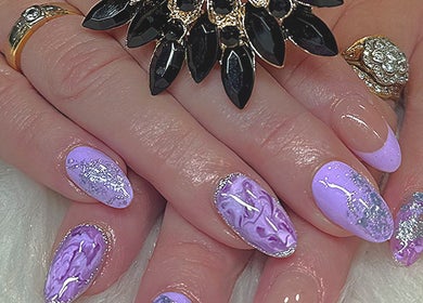 Lavender nail art with silver accents at Langley Park Nails (East Perth), East Perth, Western Australia, AU.