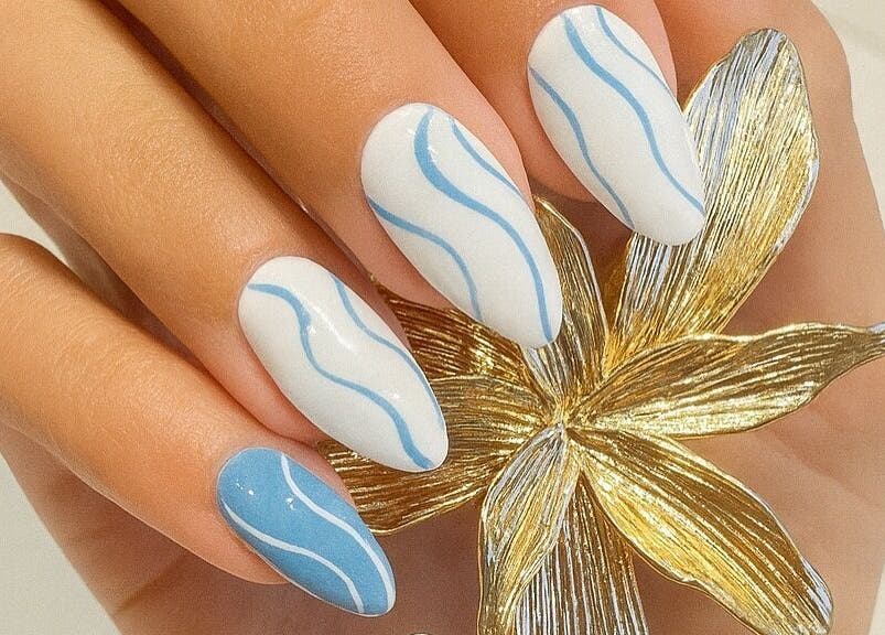 Chic blue and white nail art at Langley Park Nails (East Perth), East Perth, Western Australia, AU.