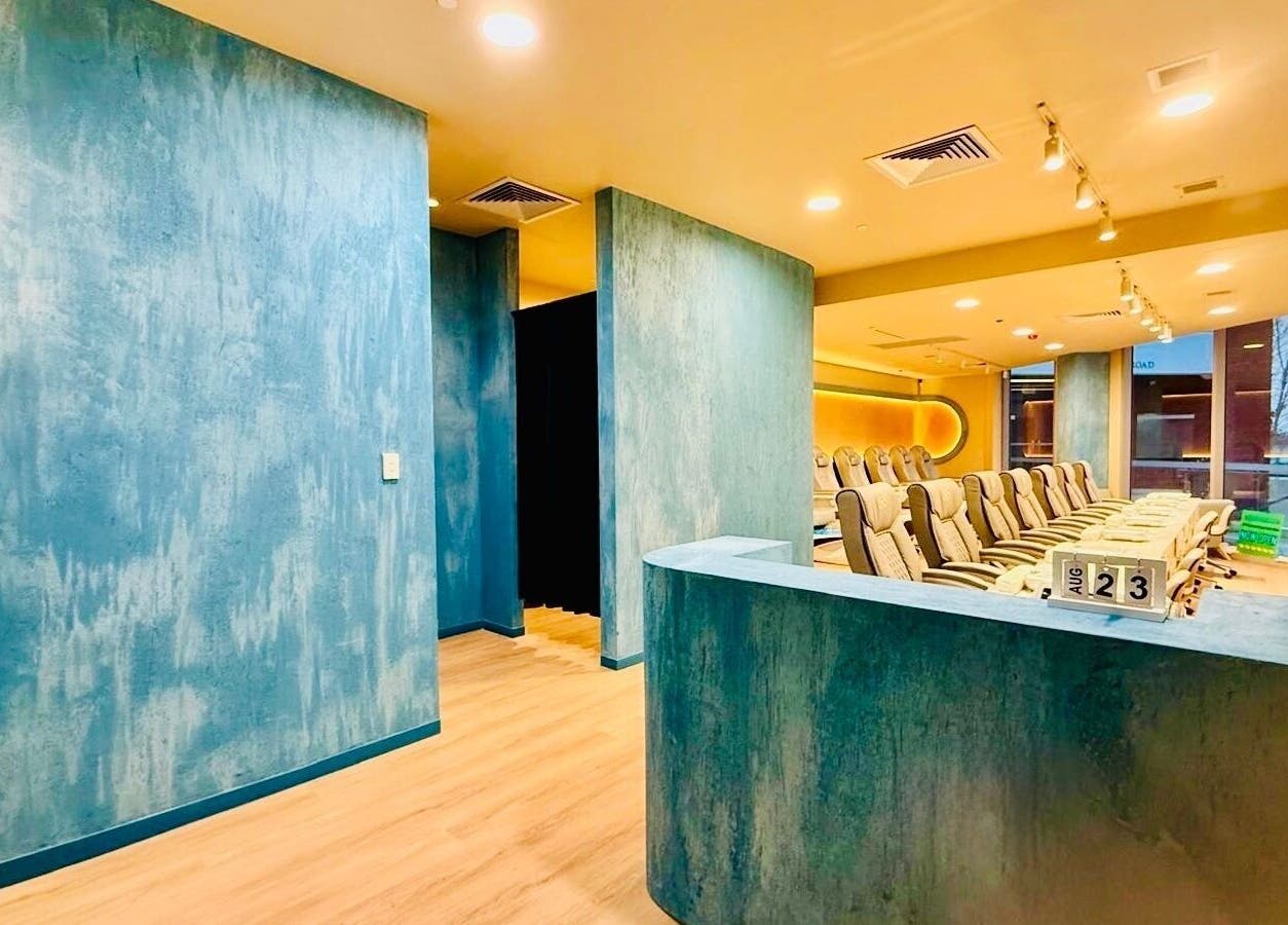 Interior of Langley Park Nails (East Perth) showing a stylish reception and seating in East Perth, Western Australia, AU.