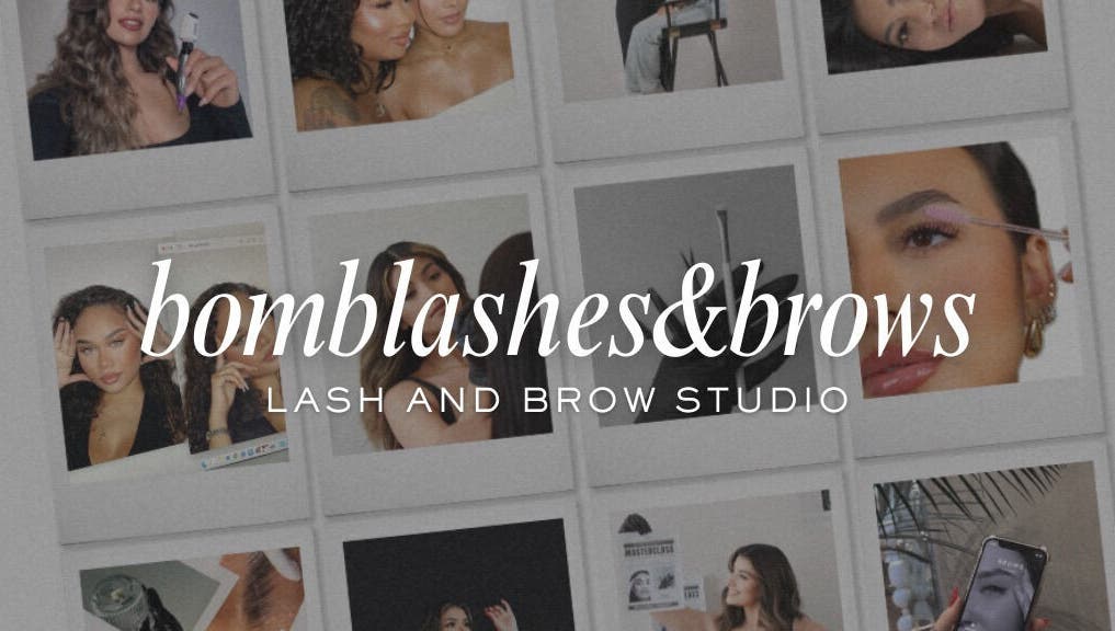 Collage of beauty treatments at Bomb Lashes And Brows, Lehi, Utah featuring lash and brow highlights.