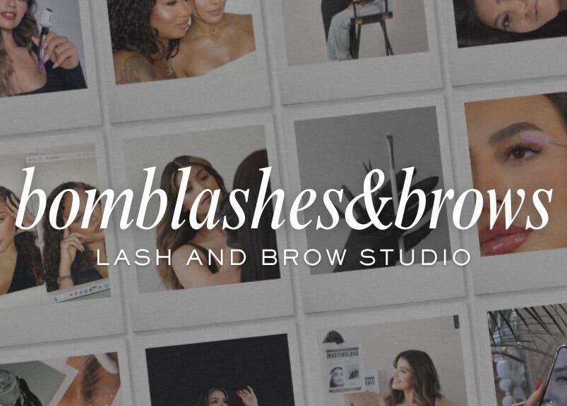 Collage of beauty treatments at Bomb Lashes And Brows, Lehi, Utah featuring lash and brow highlights.