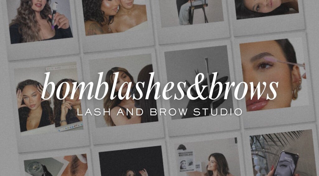 Collage of beauty treatments at Bomb Lashes And Brows, Lehi, Utah featuring lash and brow highlights.