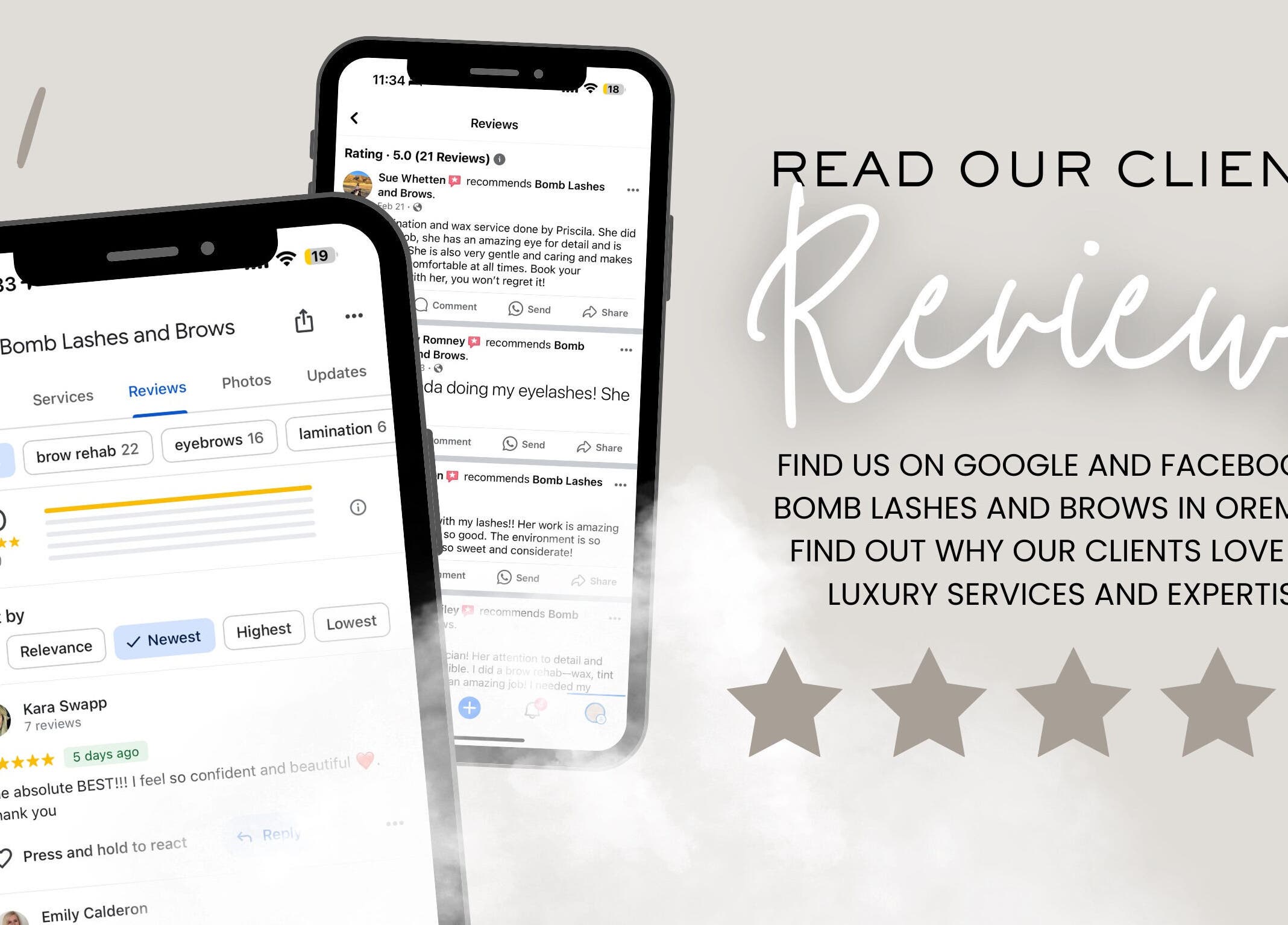 Client reviews for Bomb Lashes And Brows, Lehi, Utah, US, highlighting 5-star feedback on luxury services.