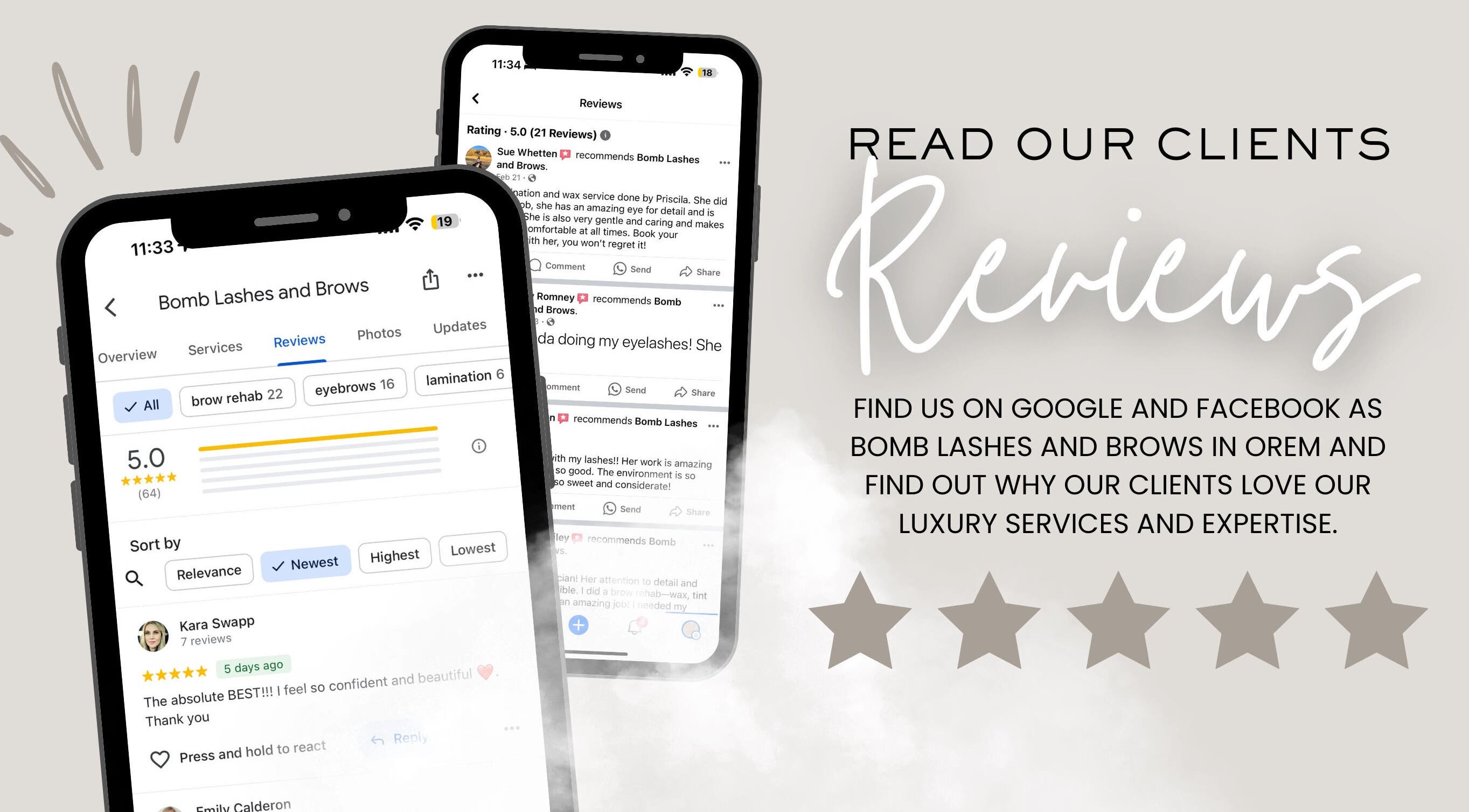 Client reviews for Bomb Lashes And Brows, Lehi, Utah, US, highlighting 5-star feedback on luxury services.