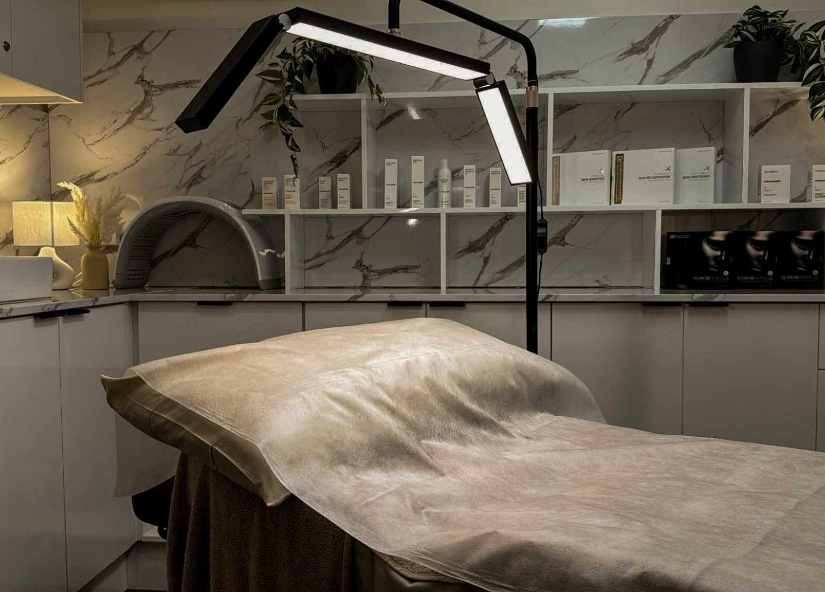 Luxurious treatment room at The Dermal Haven, Bentleigh East, Victoria, AU, showcasing elegance and modern wellness.