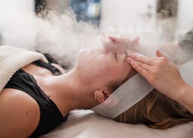 Facial steam treatment at The Dermal Haven in Bentleigh East, Victoria, AU, promoting relaxation and skincare wellness.