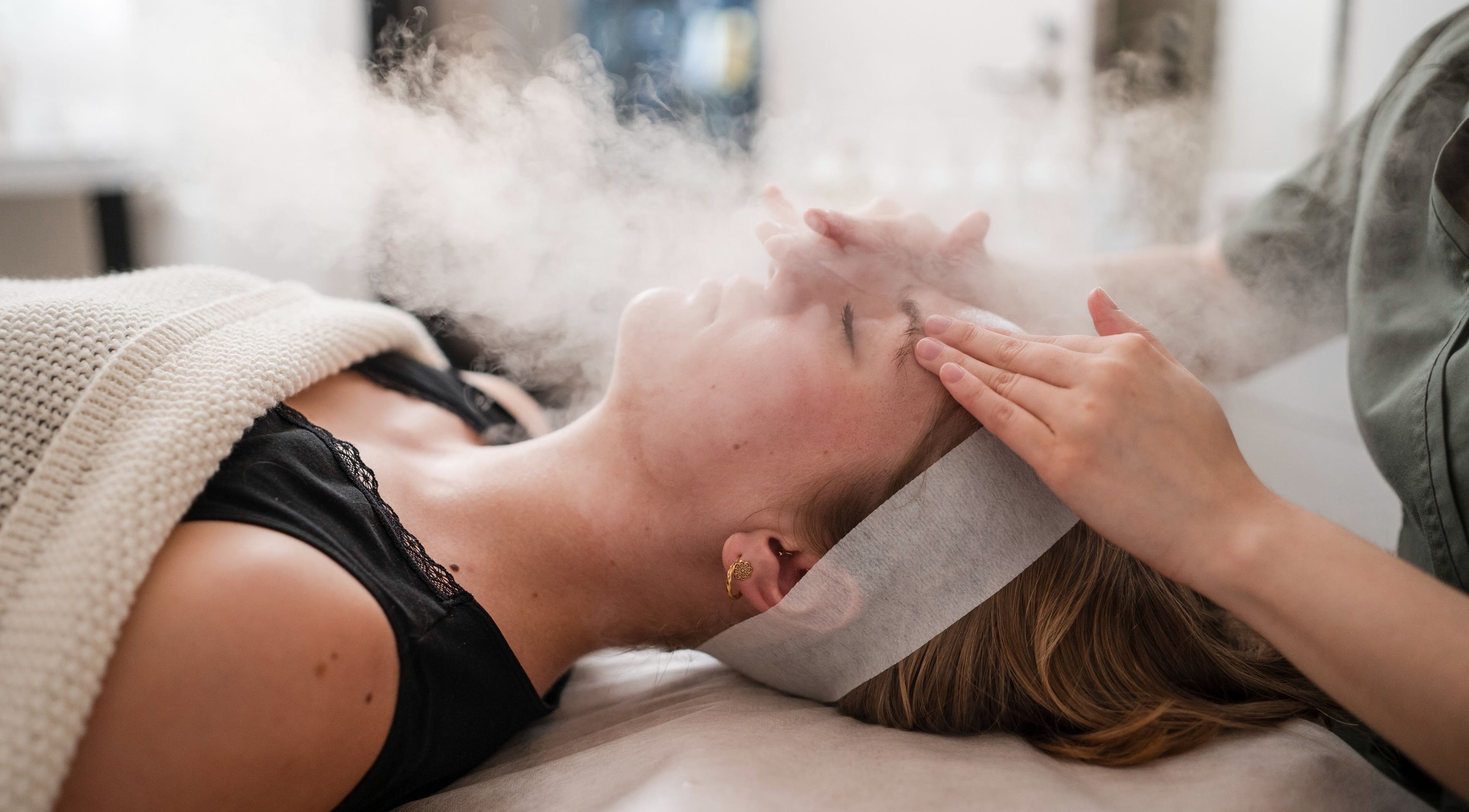 Facial steam treatment at The Dermal Haven in Bentleigh East, Victoria, AU, promoting relaxation and skincare wellness.