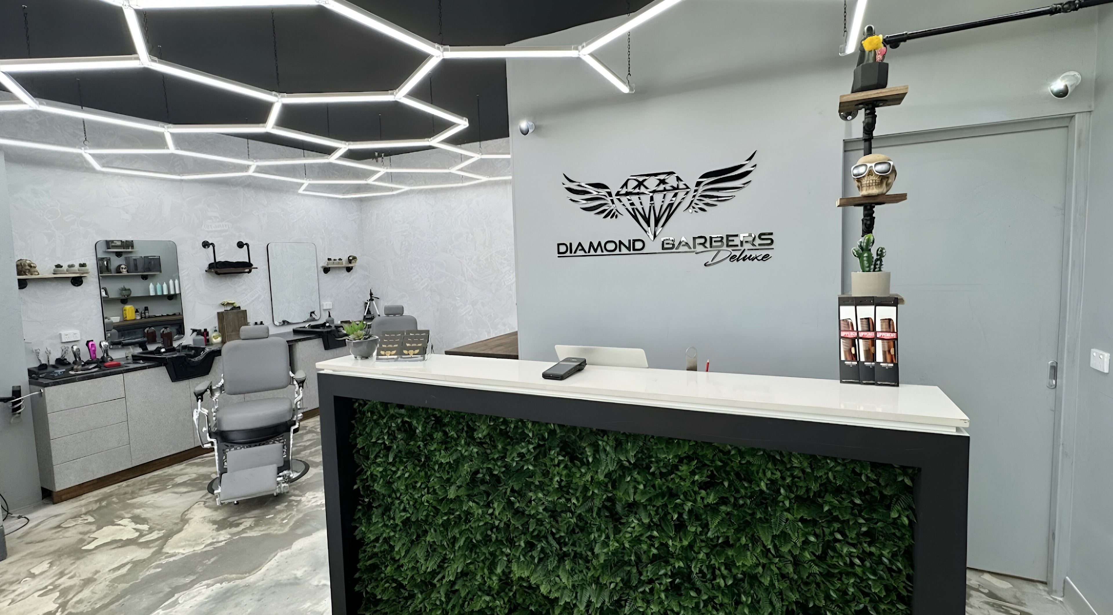 Modern, stylish interior of Diamond Barbers - DELUXE in Berrimah, Northern Territory, AU with sleek décor.