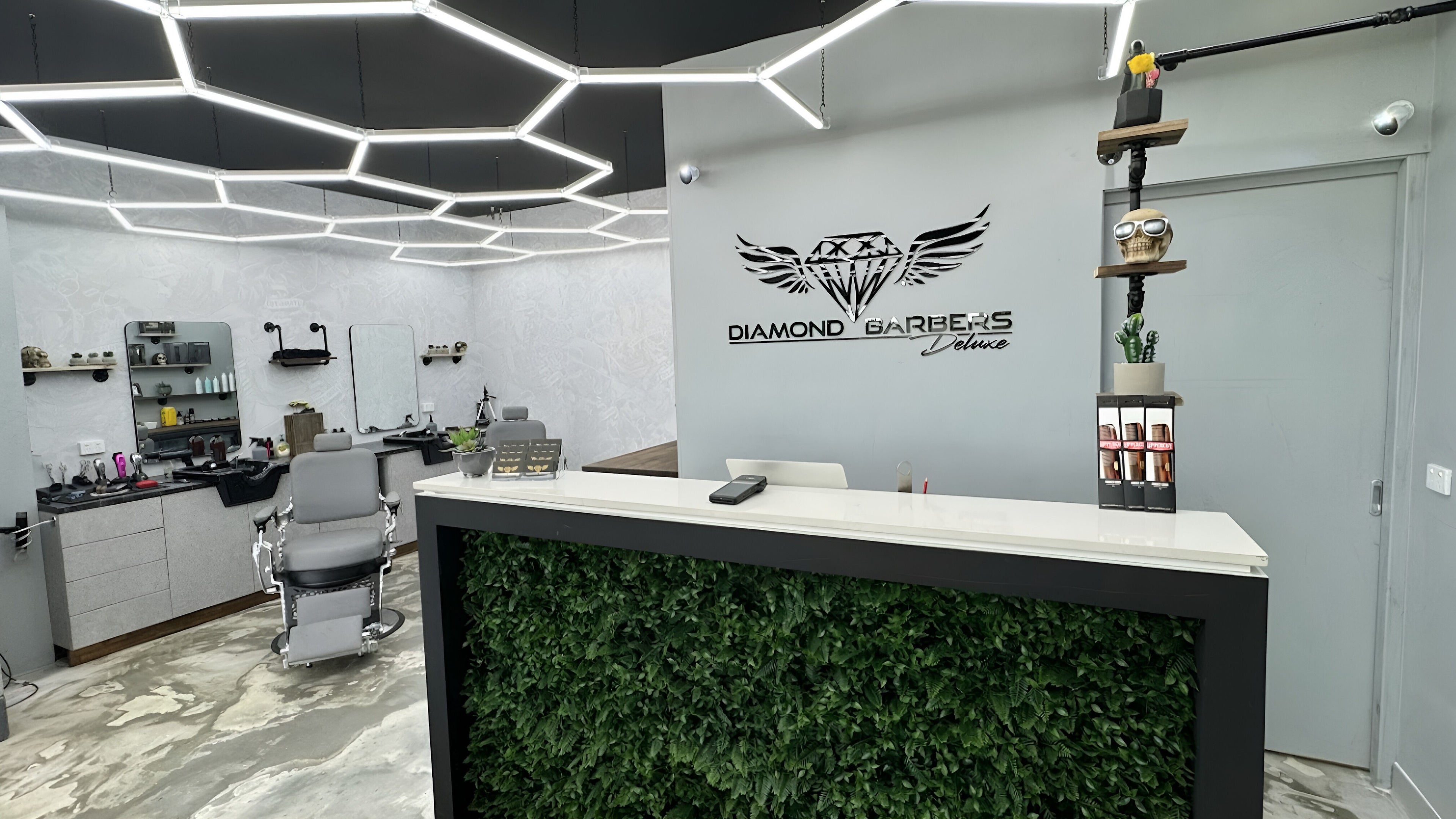 Modern, stylish interior of Diamond Barbers - DELUXE in Berrimah, Northern Territory, AU with sleek décor.
