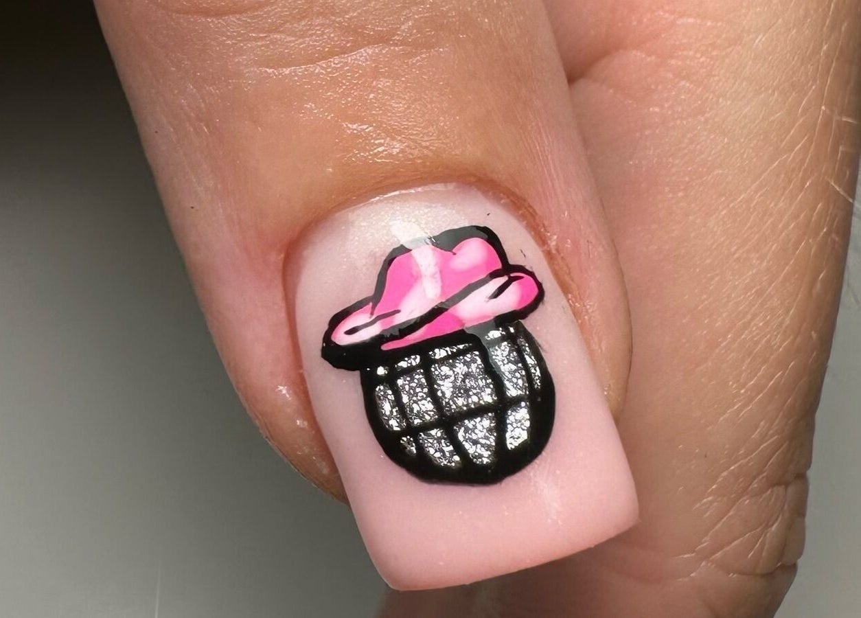 Stylish nail design with pink hat art by By Jay Studio in Wigan, England, GB.