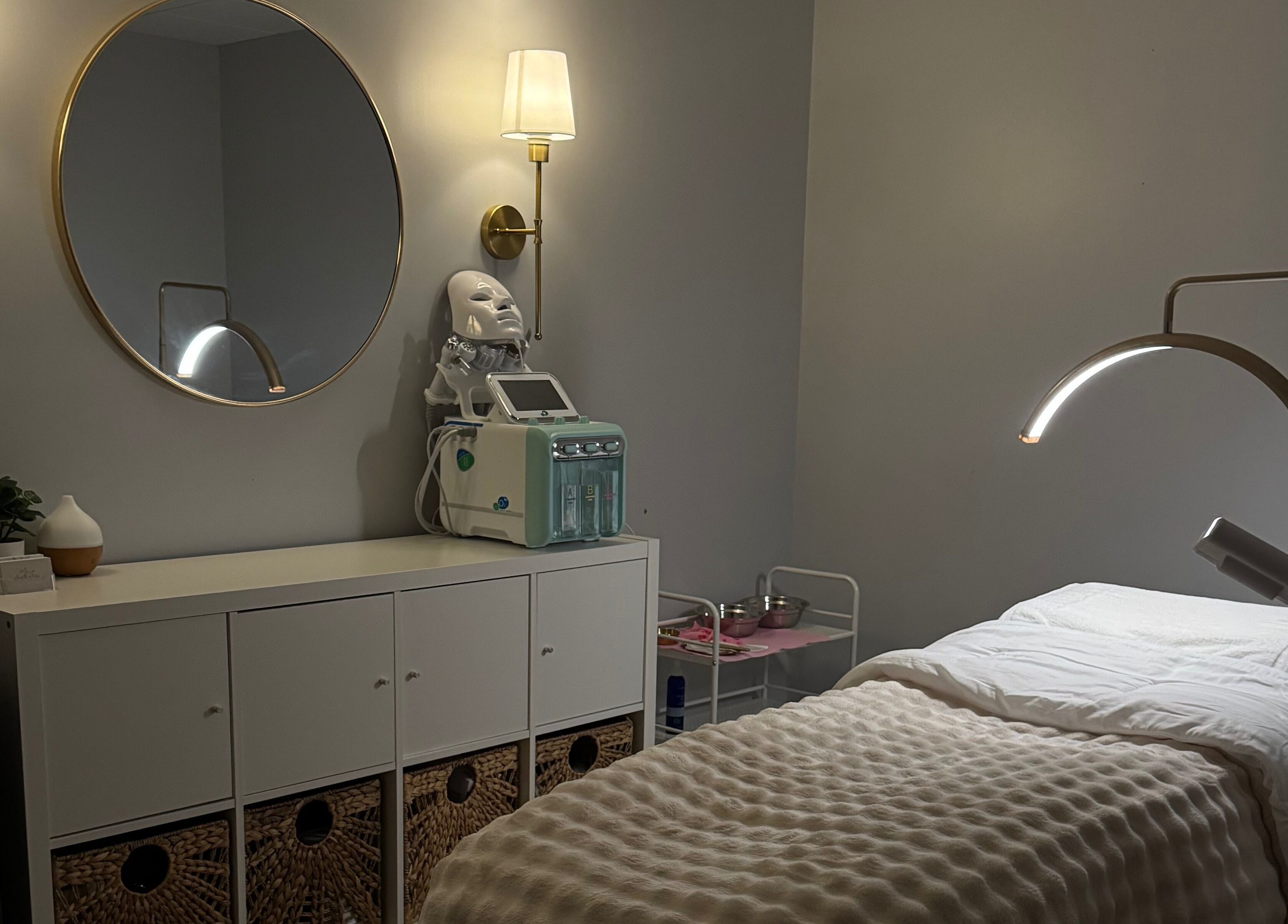 Serene treatment room at Mina Aesthetics in North Bethesda, Maryland, US with relaxing lighting.