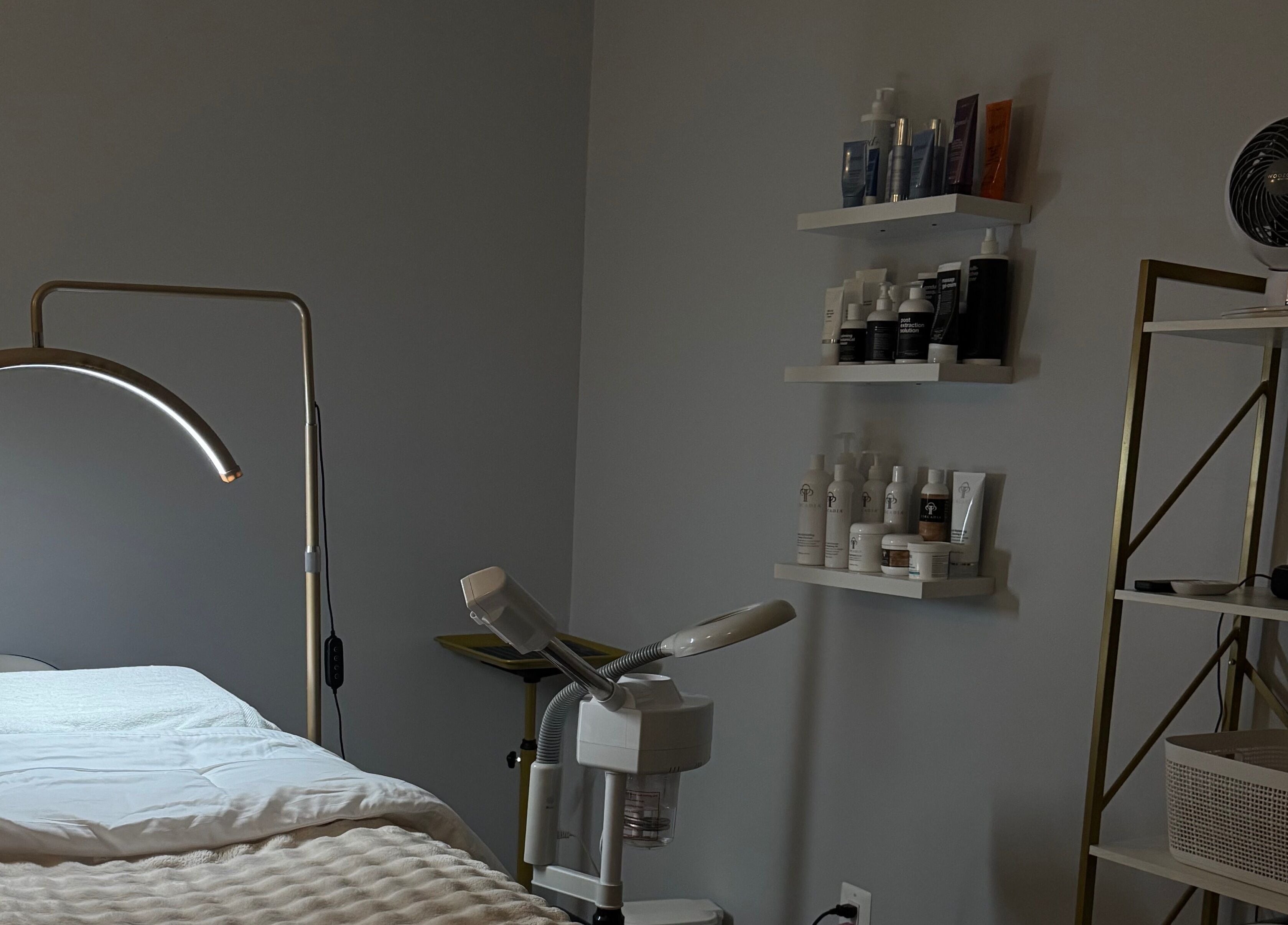 Mina Aesthetics treatment room in North Bethesda, Maryland, US, featuring a cozy bed and skincare products.